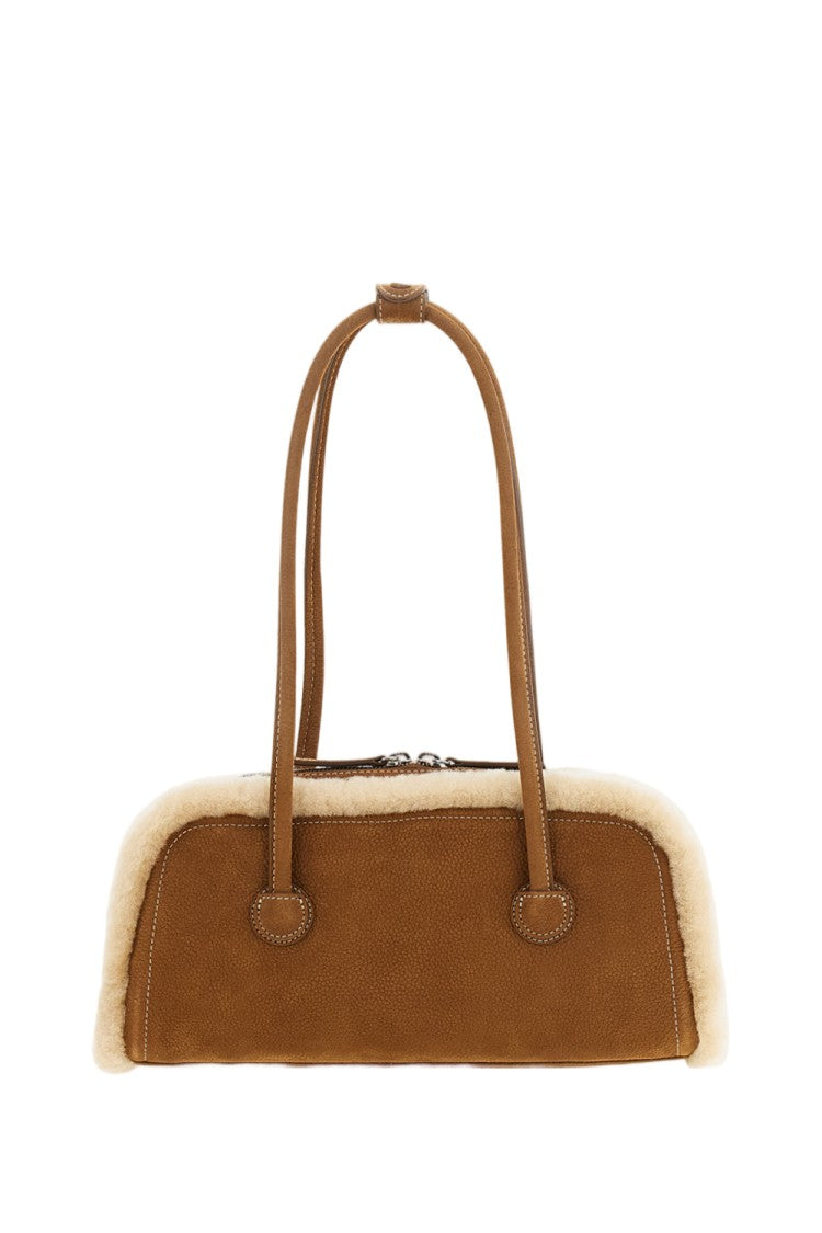 Margesherwood East-West Suede Leather Shoulder Bag With Faux Shearling Trim