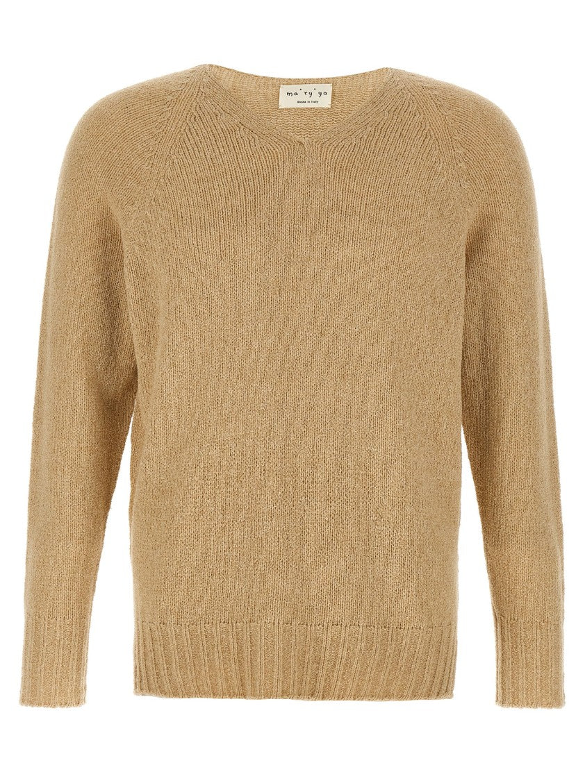 Ma'ry'ya Bouclé Cotton Blend Sweater With V-Neck