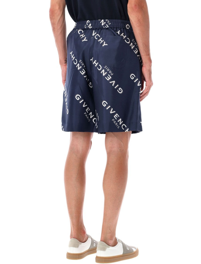 Givenchy Navy Silk Bermuda Shorts With All-Over Print