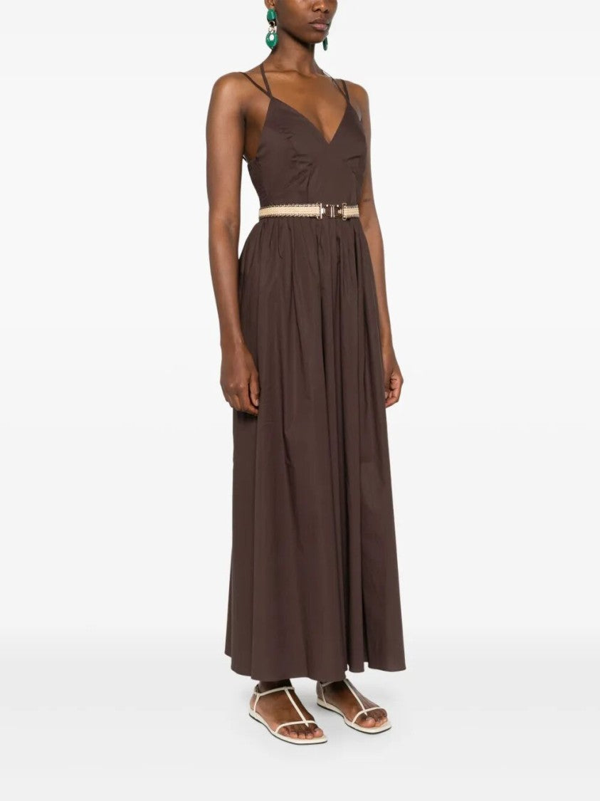 Twin-Set Fitted Brown Maxi Dress With Deep V-Neckline