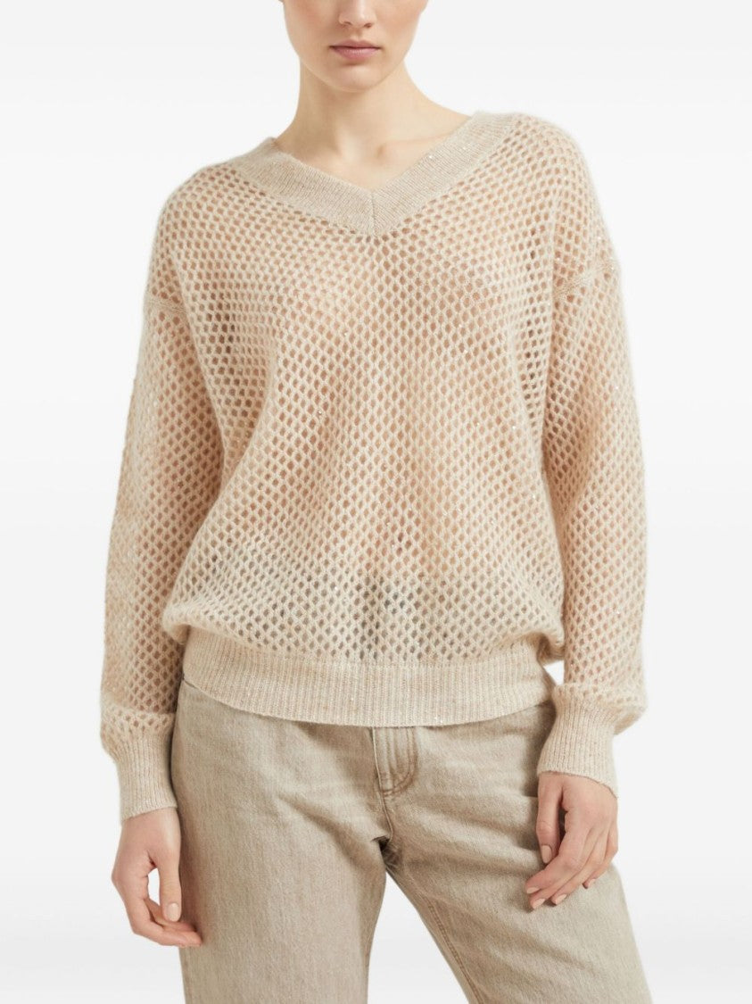 Brunello Cucinelli Deep V-Neck Open Knit Sweater