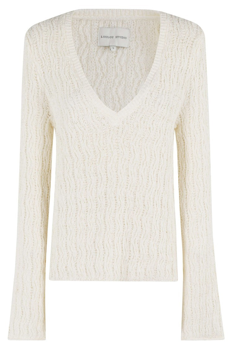 Loulou De Saison Ivory Perforated Cotton V-Neck Sweater