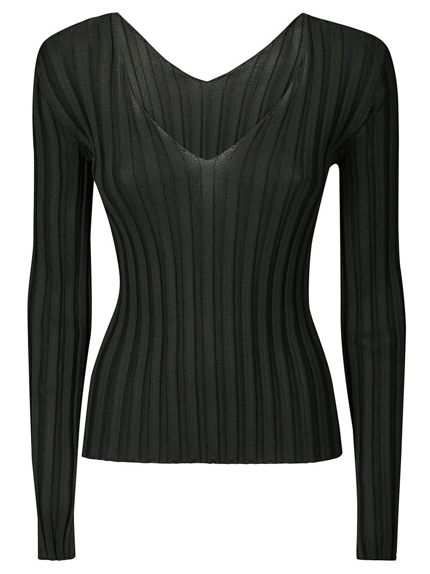 Lussi Fitted Ribbed Silk Sweater With Deep V-Neckline