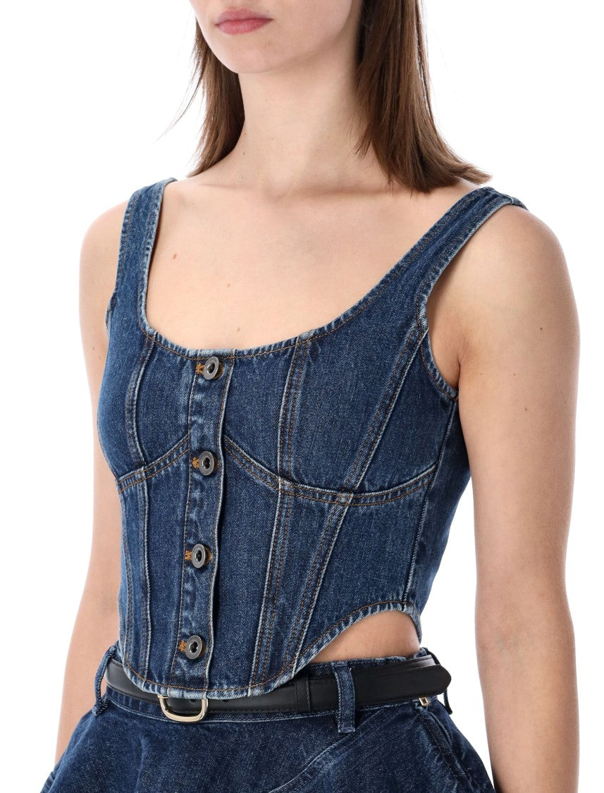 Self-Portrait Contrast Stitching Curved Hem Denim Corset