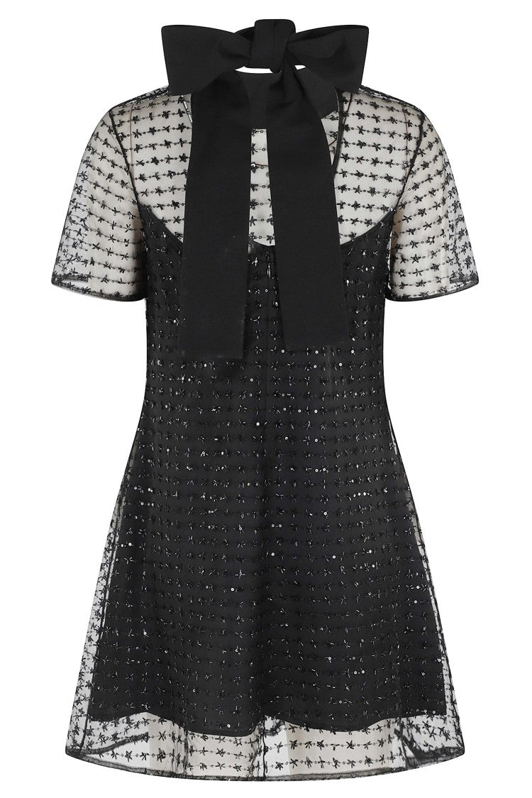 Staud Black Ilana Rhinestone High-Neck Bow Polyester Mini Dress