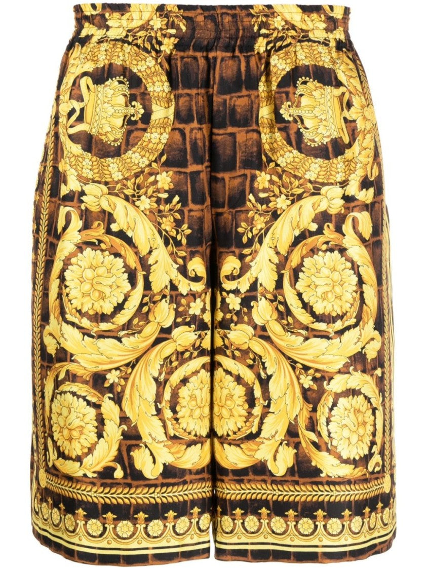 Versace Barocco-Print Silk Shorts With Gold-Tone Accents