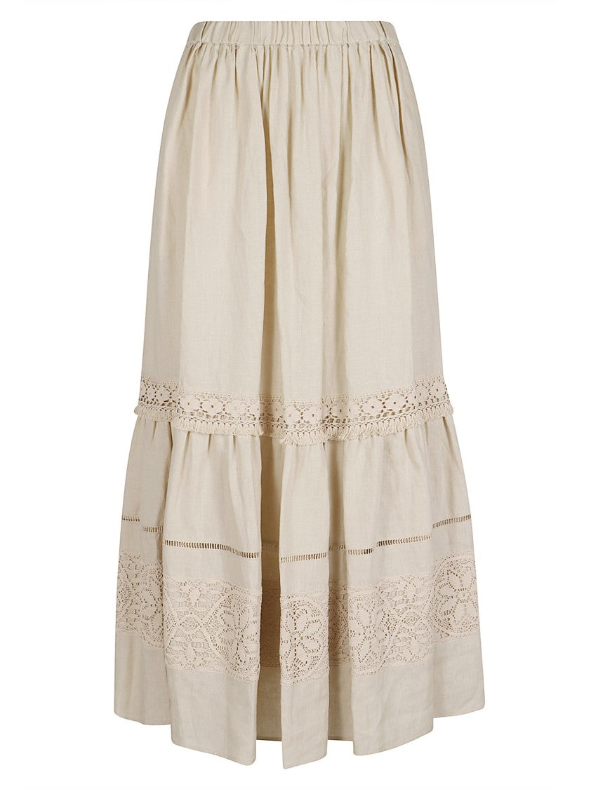 Max Mara Gathered Linen Skirt With Lace Detailing And Cut-Out Patterns