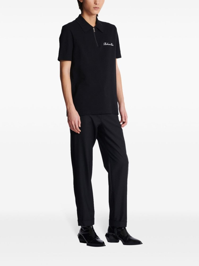 Balmain Black Cotton Piqué Zip Front Polo