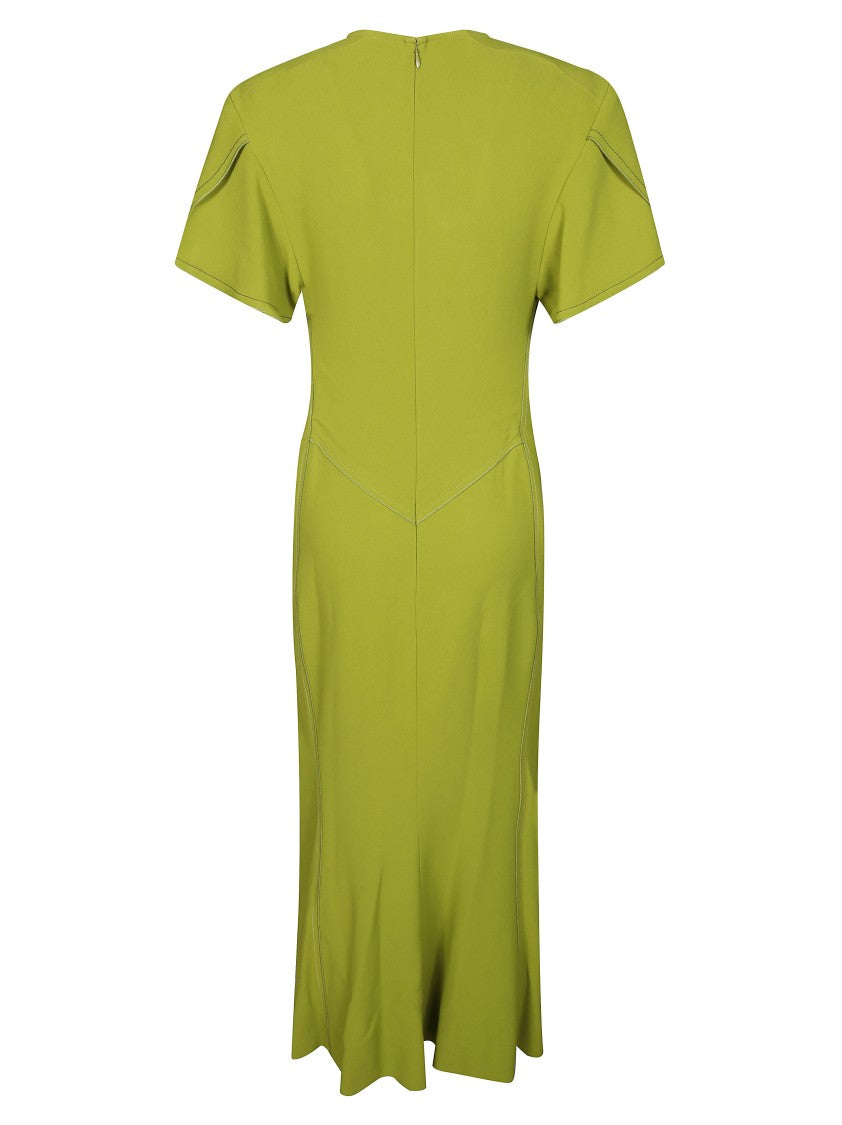 Victoria Beckham Green Gathered V-Neck Midi Dress