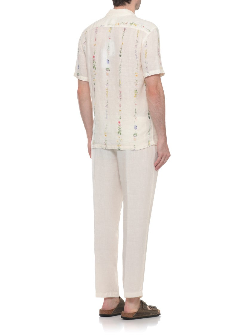 120% Lino Ivory Floral Print Linen Casual Shirt