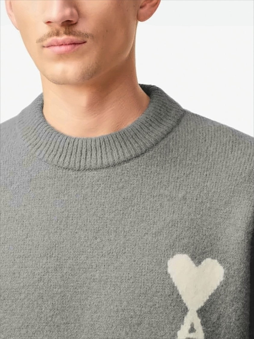 Ami Paris Grey Knit Sweater With Heart Motif