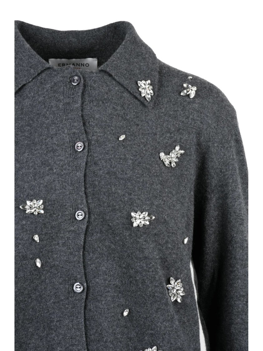 Ermanno Firenze Grey Rhinestone Collar Metallic-Blend Cardigan