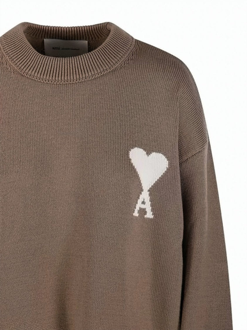 Ami Paris Knit Crewneck Sweater With Heart Motif In Brown