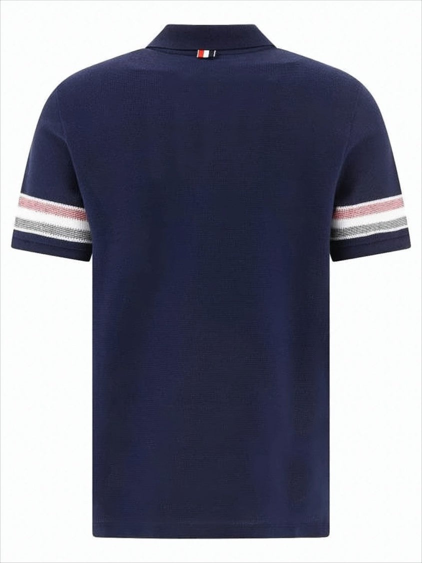 Thom Browne Textured Blue Knit Polo Shirt With Contrast Stripes