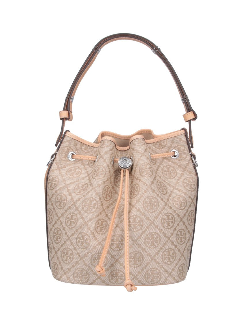 Tory Burch Medium Bucket Bag With Beige Monogram Pattern