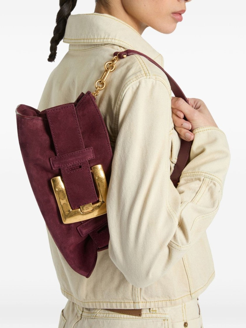 Balmain Burgundy Suede Shoulder Bag With Oversized Gold Buckle