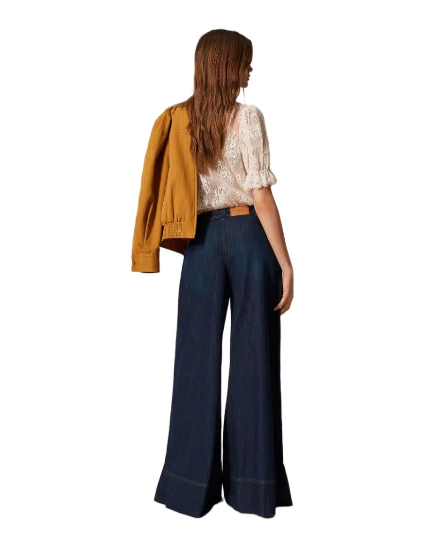 Twin-Set Dark Stretch Cotton Denim Palazzo-Style Jeans