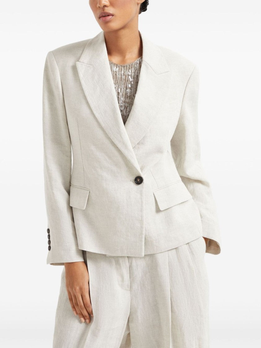 Brunello Cucinelli Double-Breasted Off-White Jacket With Notched Lapel