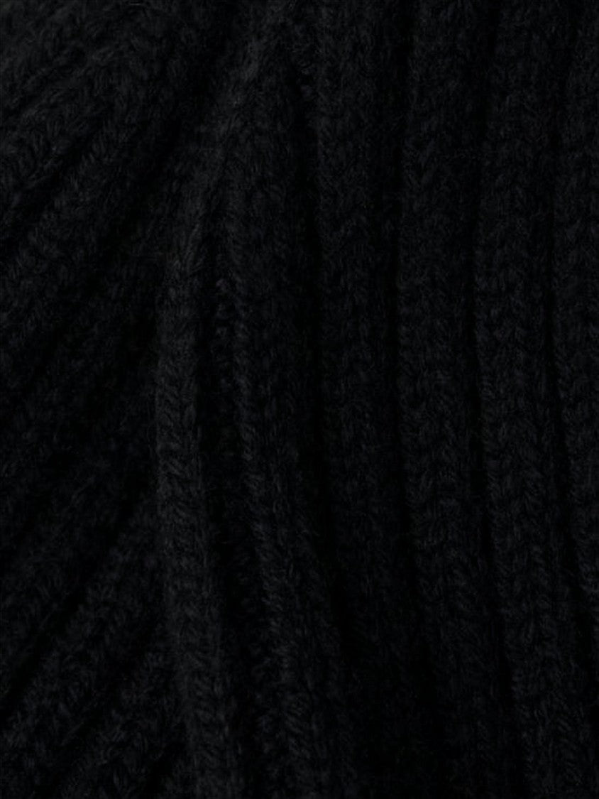 Prada Ribbed Black Wool Beanie With Logo Plaque