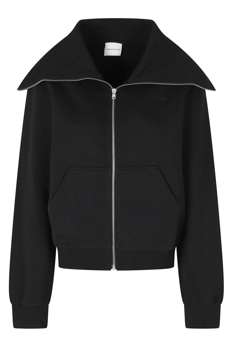7 For All Mankind Black High Neck Cropped Cotton Zip Hoodie