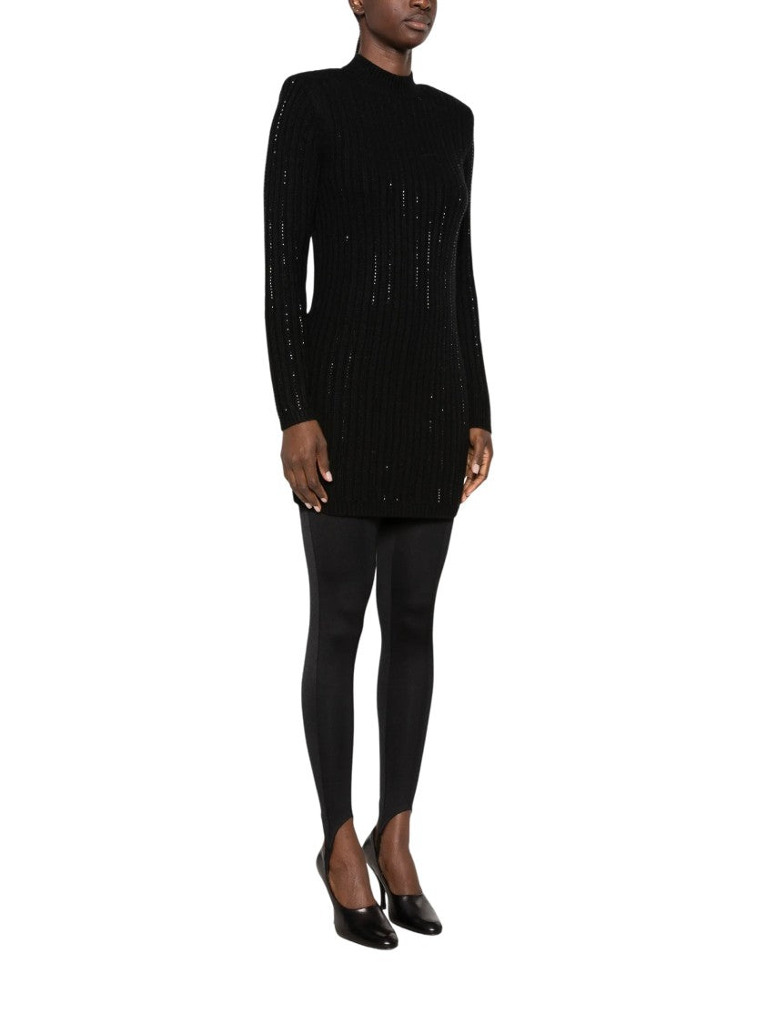 Twin-Set Vertical Ribbed Knit Mini Dress With Rhinestone Accents