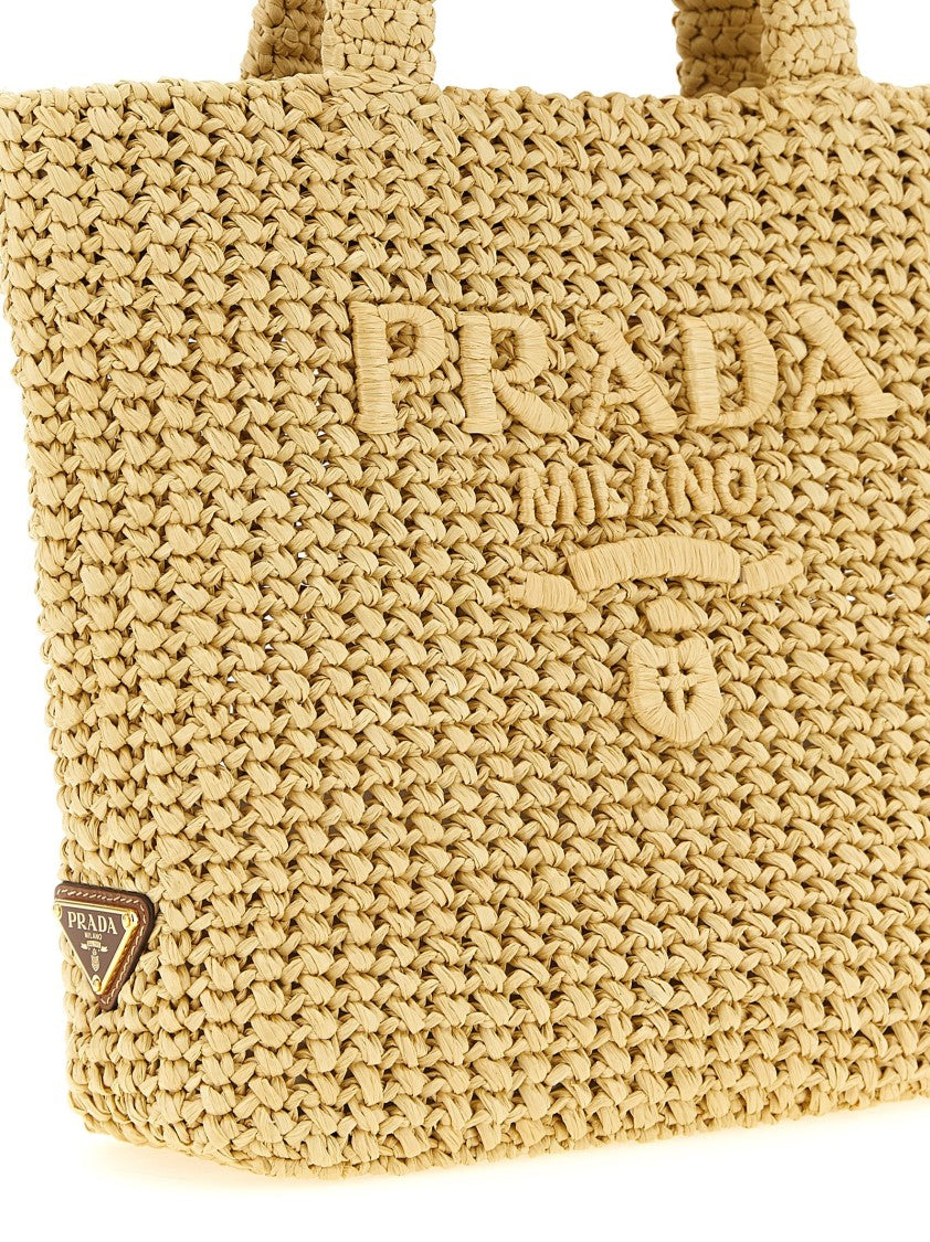 Prada Braided Raffia Handbag With Enameled Metal Logo