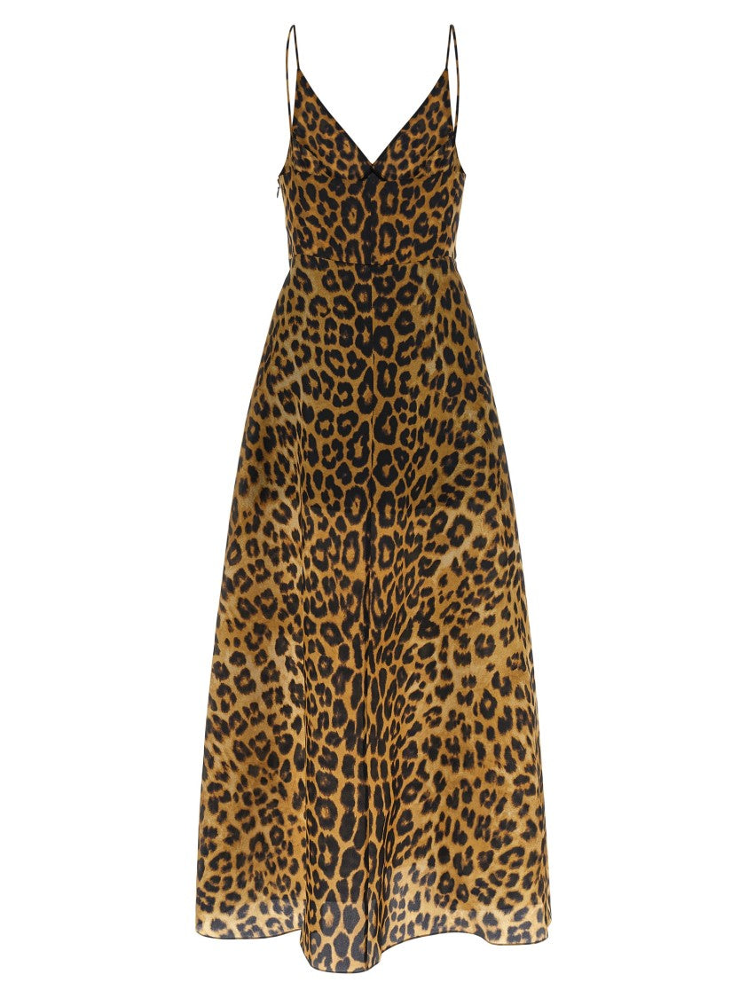 Alberta Ferretti Leopard-Print Silk Organza Long Dress With V-Neck Design