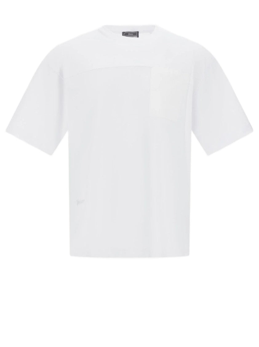 Herno Boxy-Fit White Jersey T-Shirt With Ribbed Crew Neck And Pocket Details