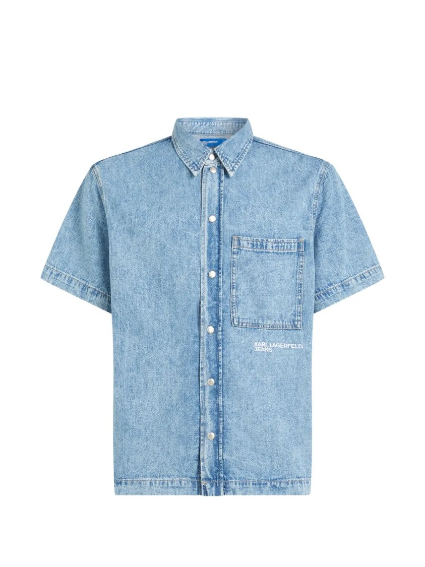 Karl Lagerfeld Light Blue Denim Short-Sleeve Shirt With Classic Collar