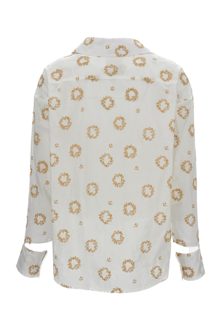 Jejia White Cotton Shirt With Floral Embroidery And Unique Cut-Out Cuffs