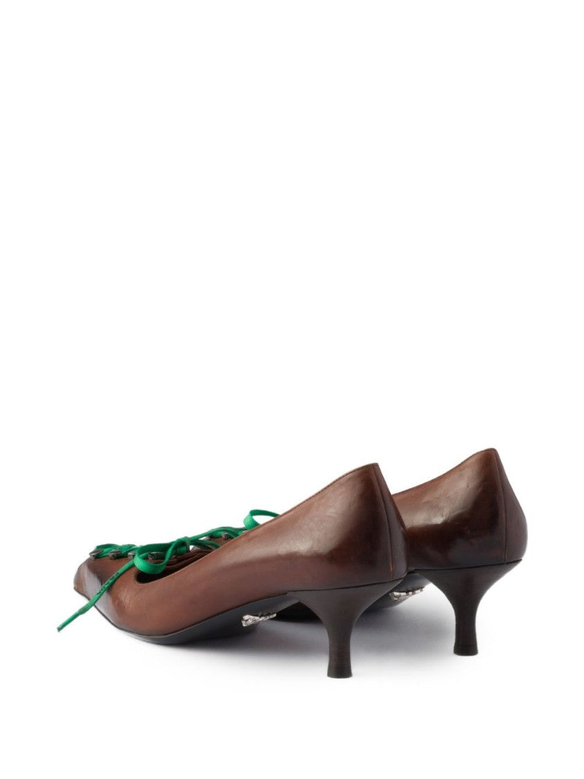 Prada Brown Leather Pointed Toe Lace-Up Flats