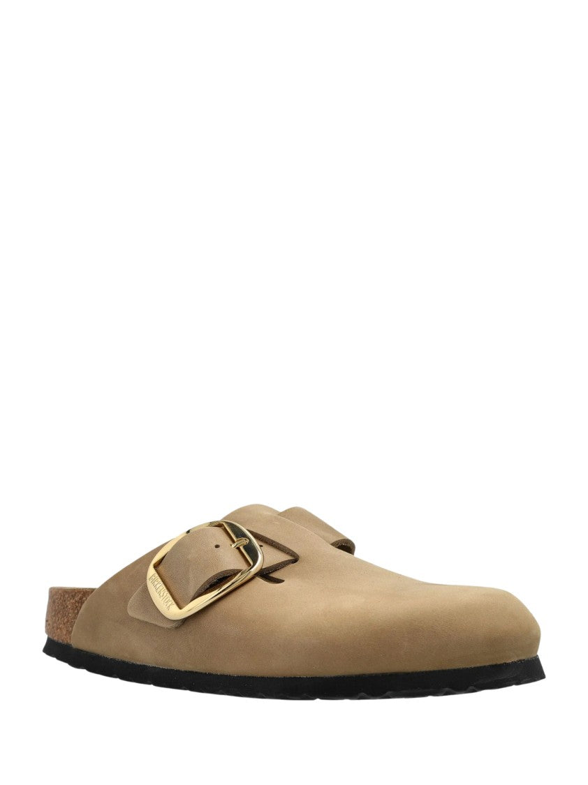 Birkenstock Contoured Brown Slip-On Sandals With Gold-Tone Buckle