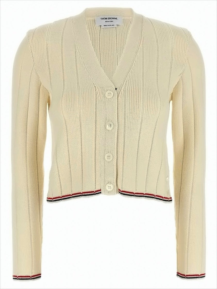 Thom Browne Ribbed Knit Cardigan With Cropped Silhouette And Iconic Stripe Accents