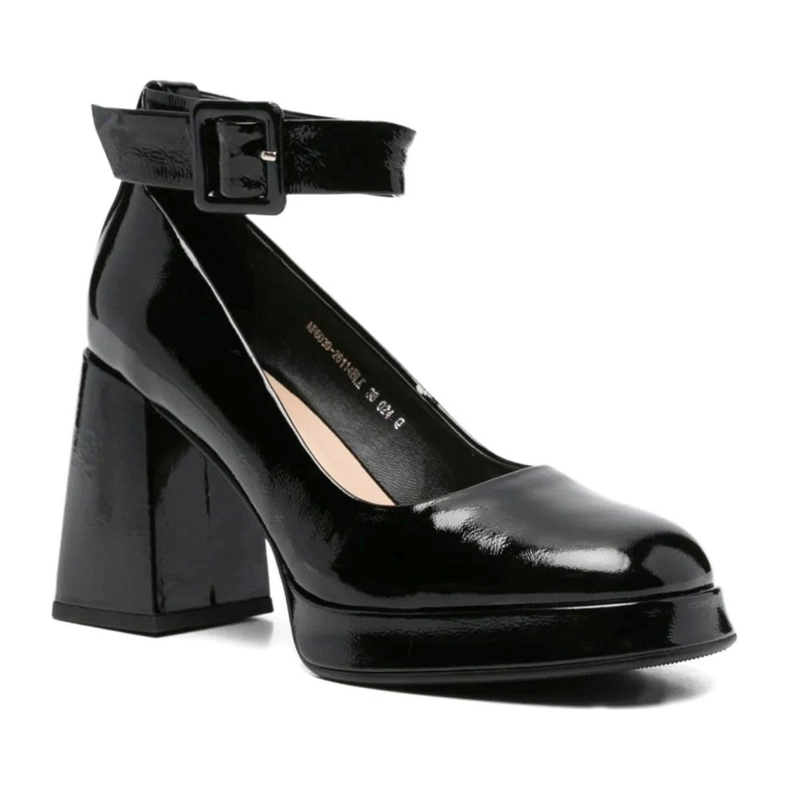 Adrianna Feretti Black Glossy Patent Block Heel Pumps