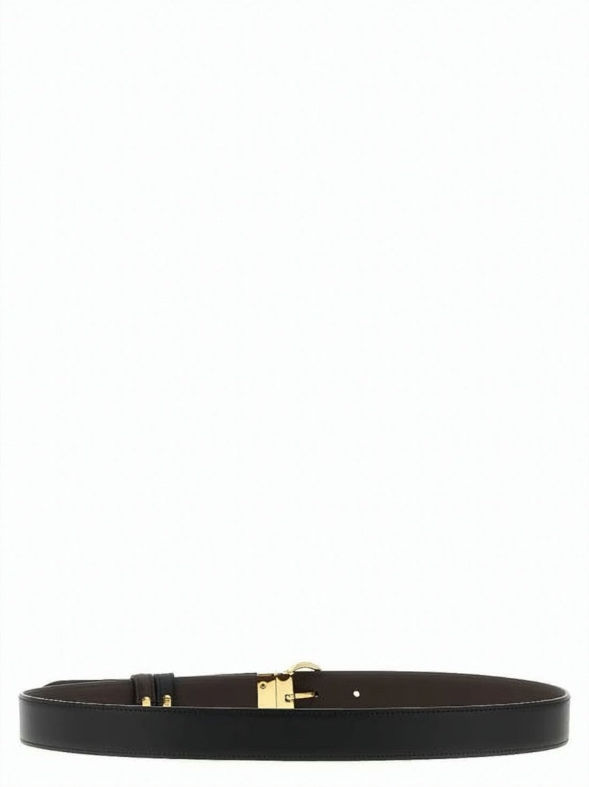 Fendi Reversible Narrow Leather Belt With Polished Gold-Tone Buckle