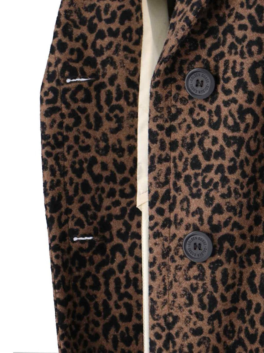 Golden Goose Cocoon Brown Wool Blend Coat With Leopard Print