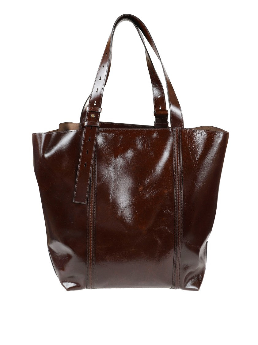 Golden Goose Structured Dark Brown Leather Tote Bag With Polished Finish