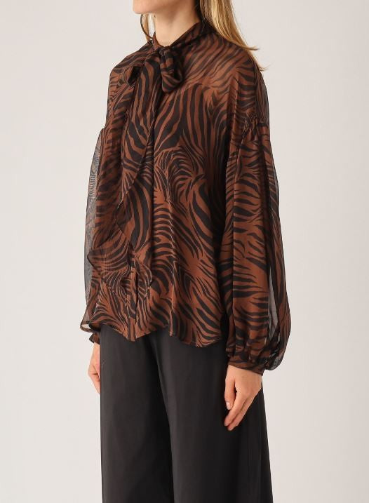 Max Mara Animal Print Canvas Blouse With Lace-Up Collar And Puff Sleeves