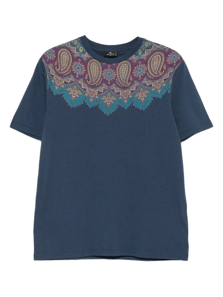 Etro Blue Ornamental Pattern Short-Sleeve Cotton T-Shirt