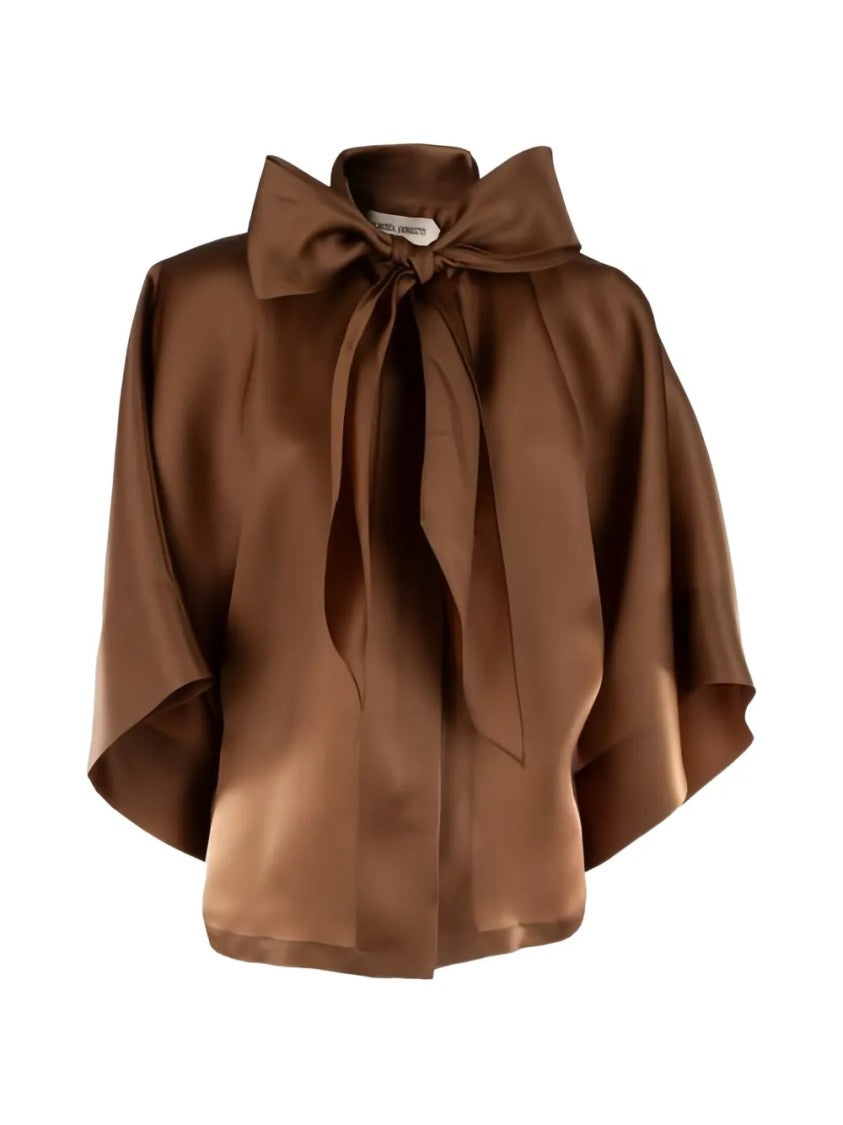 Alberta Ferretti Satin Brown Blouse With Oversized Bow Tie And Boxy Silhouette