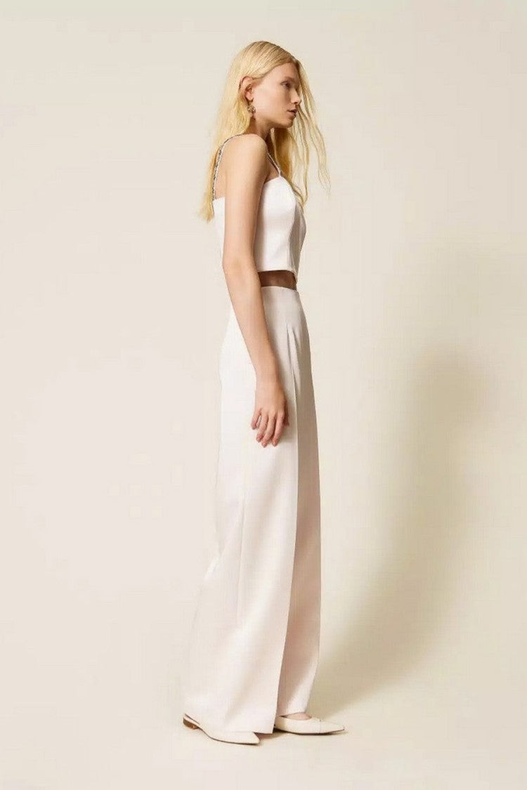 Twin-Set Sand Polyester-Viscose Pleated Wide-Leg Trousers