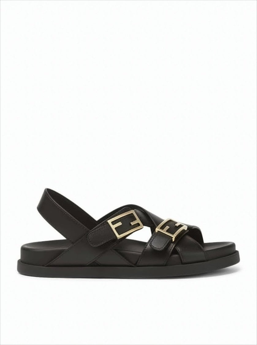 Fendi Black Leather Sandals With Gold-Tone Buckle Details