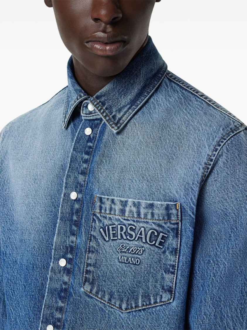Versace Indigo Blue Washed Denim Shirt With Embossed Logo