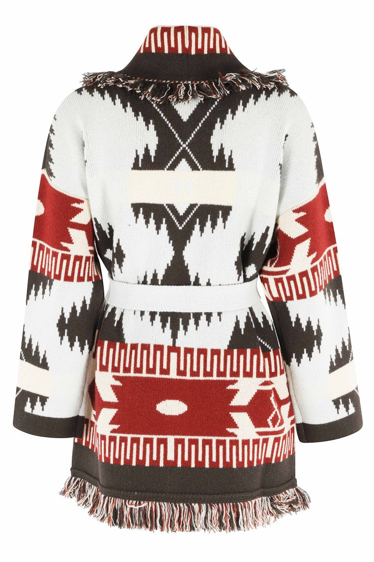 Alanui Dark Blue Cyan Cashmere-Blend Icon Jacquard Fringe Cardigan