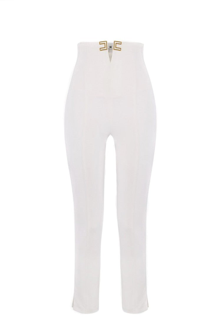 Elisabetta Franchi Ivory High-Waist V-Cut Logo Hardware Polyester-Blend Cropped Pants