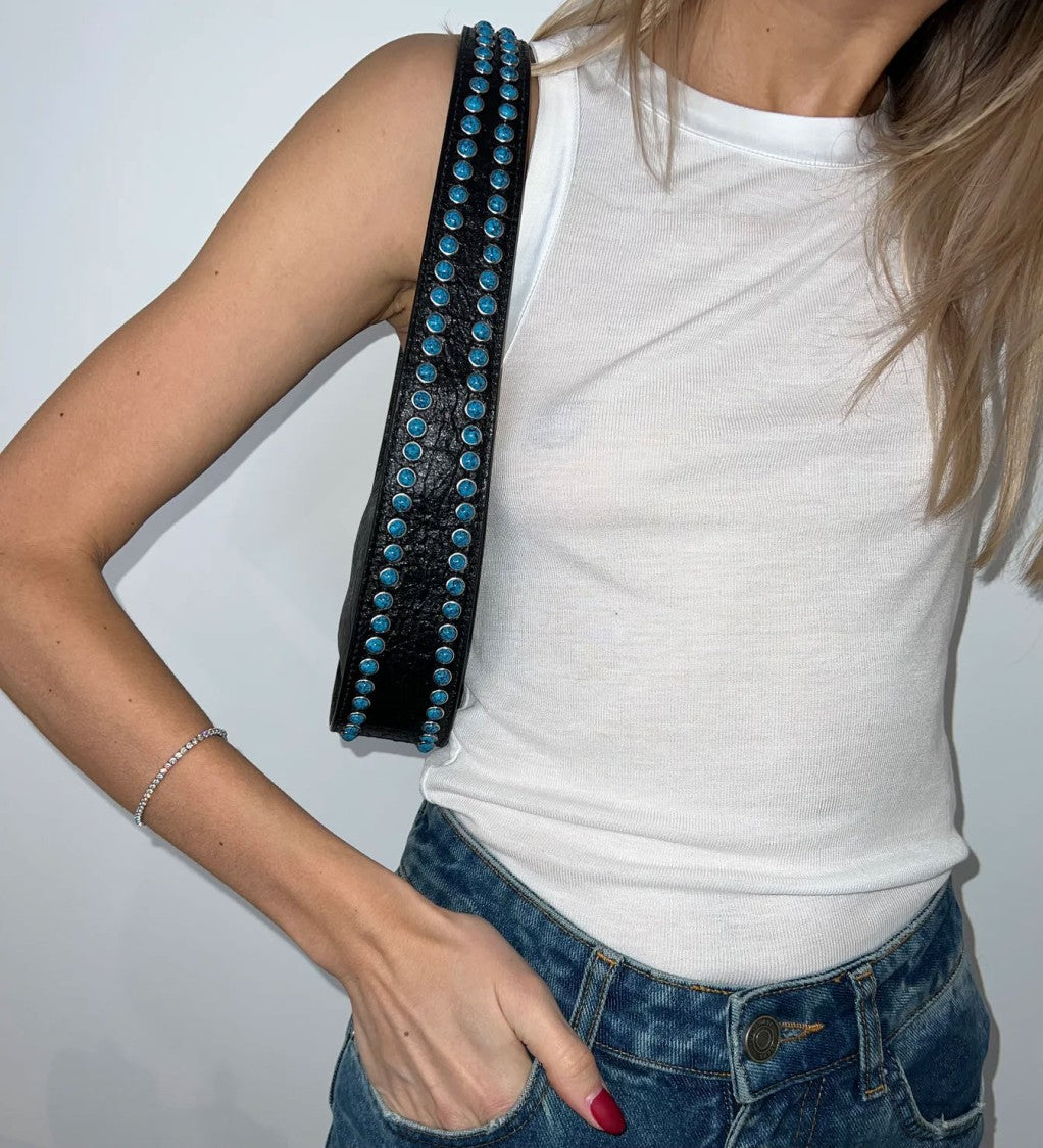 Marici Structured Black Shoulder Bag With Brass-Studded