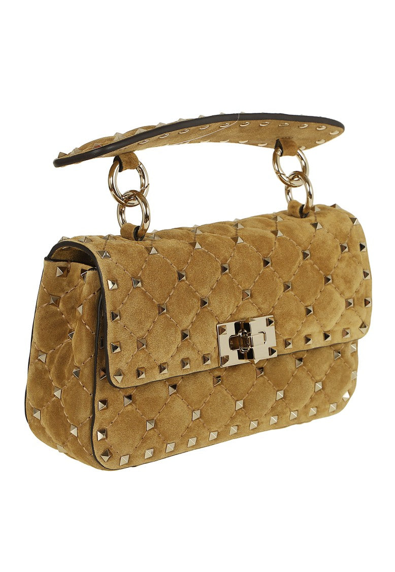 Valentino Garavani Beige Rockstud Spike Diamond-Quilted Suede Shoulder Bag