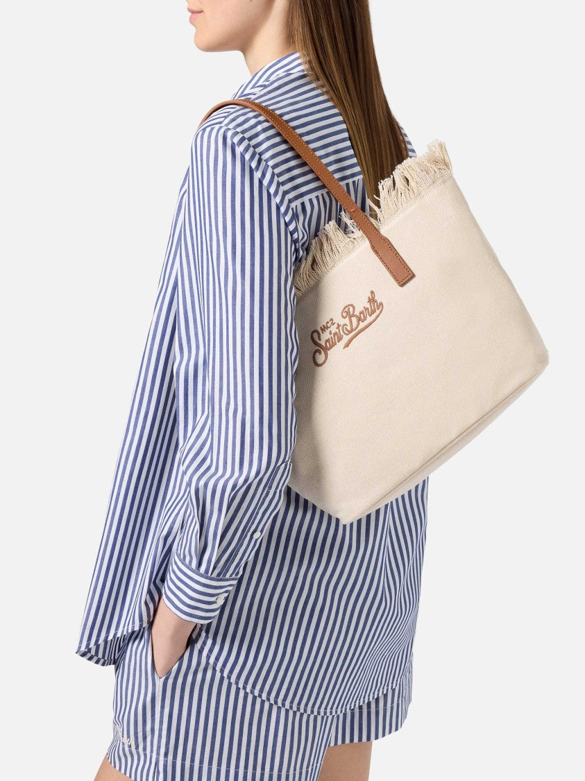 Mc2 Saint Barth Fringed Beige Canvas Tote Bag With Leather Accents