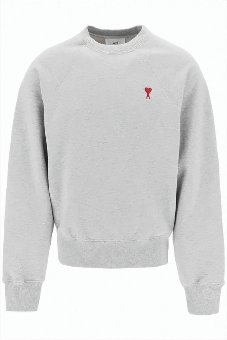 Ami Long-Sleeve Grey Crewneck Sweatshirt With Heart Emblem