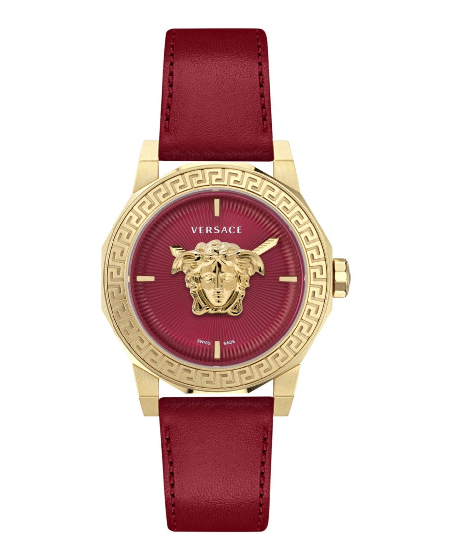 Versace Medusa Motif Yellow Gold Ip Watch With Red Guilloche Dial